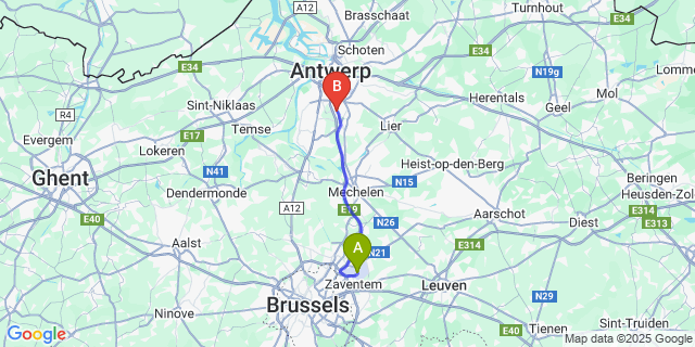 Map: Brussels Zaventem Airport (BRU) to Edegem