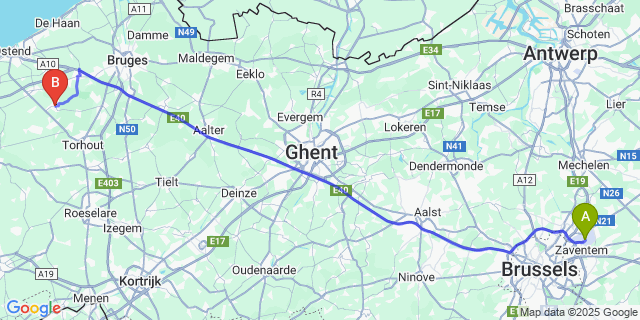 Map: Brussels Zaventem Airport (BRU) to Eernegem