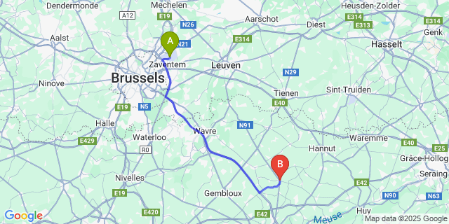 Map: Brussels Zaventem Airport (BRU) to Éghezée