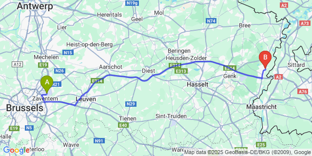 Map: Brussels Zaventem Airport (BRU) to Eisden