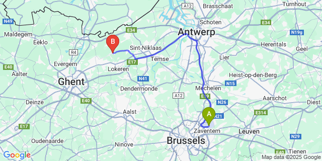 Map: Brussels Zaventem Airport (BRU) to Eksaarde