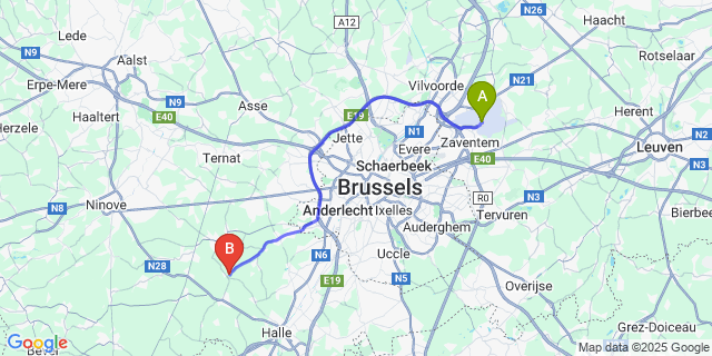 Map: Brussels Zaventem Airport (BRU) to Elingen