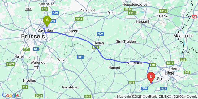 Map: Brussels Zaventem Airport (BRU) to Engis
