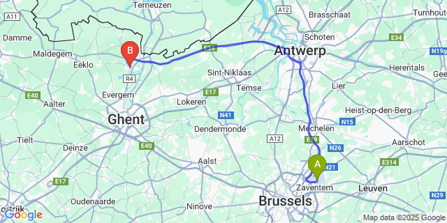 Map: Brussels Zaventem Airport (BRU) to Ertvelde
