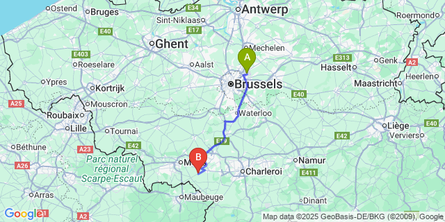Map: Brussels Zaventem Airport (BRU) to Estinnes-Au-Mont