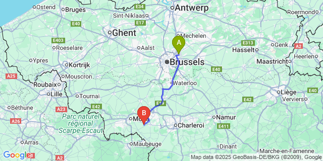 Map: Brussels Zaventem Airport (BRU) to Estinnes-au-Val