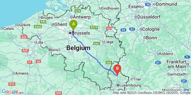 Map: Brussels Zaventem Airport (BRU) to Ettelbruck