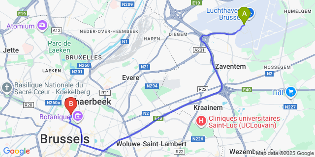 Map: Brussels Zaventem Airport (BRU) to Europacity Hotel, Brussels