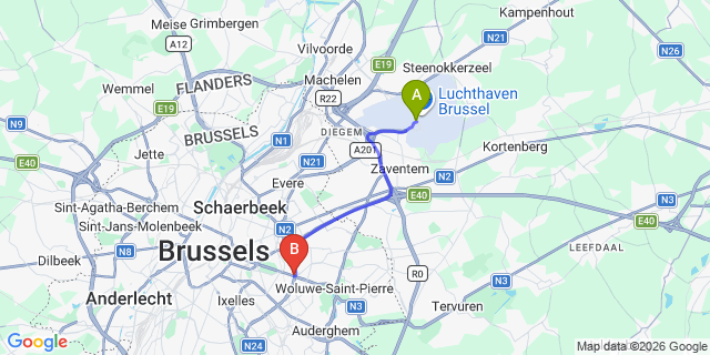 Map: Brussels Zaventem Airport (BRU) to Eurostars Montgomery, Brussels