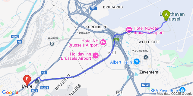 Map: Brussels Zaventem Airport (BRU) to Evere