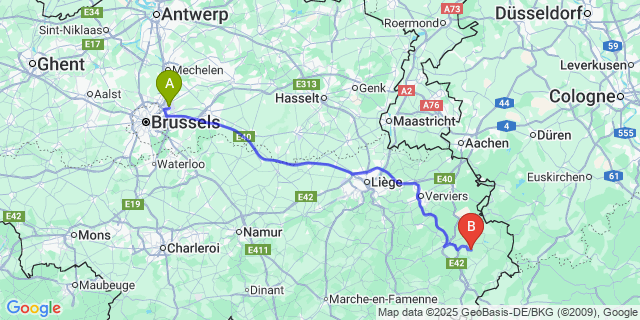 Map: Brussels Zaventem Airport (BRU) to Faymonville