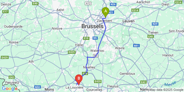 Map: Brussels Zaventem Airport (BRU) to Fayt-lez-manage