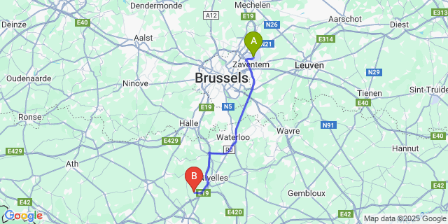 Map: Brussels Zaventem Airport (BRU) to Feluy