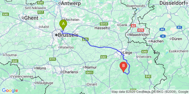 Map: Brussels Zaventem Airport (BRU) to Ferrières
