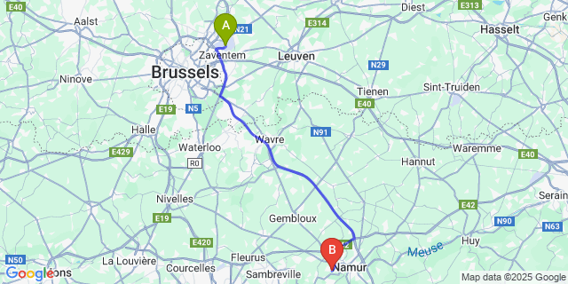 Map: Brussels Zaventem Airport (BRU) to Flawinne