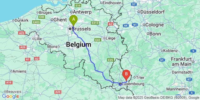 Map: Brussels Zaventem Airport (BRU) to Flaxweiler