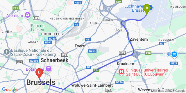 Map: Brussels Zaventem Airport (BRU) to Fleur de Ville, Brussels