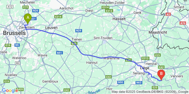 Map: Brussels Zaventem Airport (BRU) to Fraipont