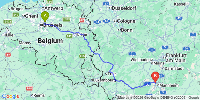Map: Brussels Zaventem Airport (BRU) to Frankenthal