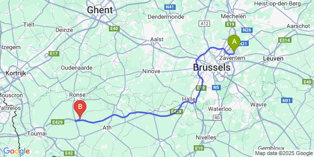 Map: Brussels Zaventem Airport (BRU) to Frasnes-Lez-Anvaing