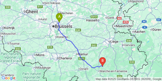 Map: Brussels Zaventem Airport (BRU) to Fronville