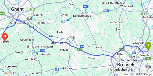 Map: Brussels Zaventem Airport (BRU) to Gavere