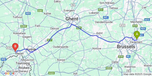 Map: Brussels Zaventem Airport (BRU) to Geluwe