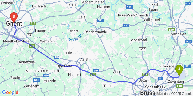 Map: Brussels Zaventem Airport (BRU) to gentcancelled