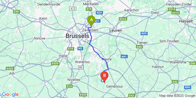 Map: Brussels Zaventem Airport (BRU) to Gentinnes