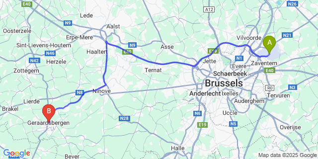 Map: Brussels Zaventem Airport (BRU) to Geraardsbergen