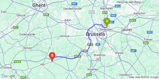 Map: Brussels Zaventem Airport (BRU) to Ghislenghien