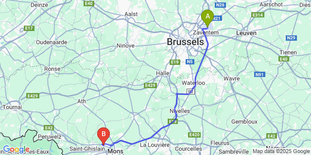 Map: Brussels Zaventem Airport (BRU) to Ghlin