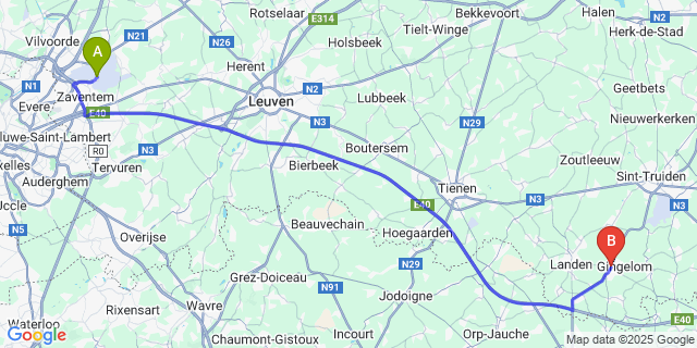 Map: Brussels Zaventem Airport (BRU) to Gingelom