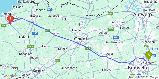 Map: Brussels Zaventem Airport (BRU) to Gistel