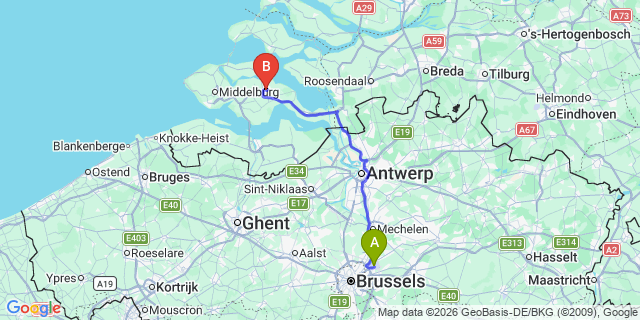 Map: Brussels Zaventem Airport (BRU) to Goes