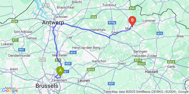 Map: Brussels Zaventem Airport (BRU) to Gompel