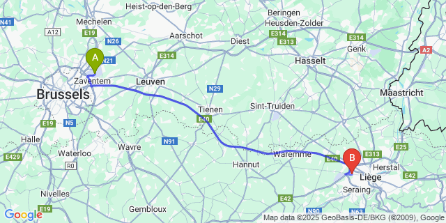 Map: Brussels Zaventem Airport (BRU) to Grâce-Hollogne