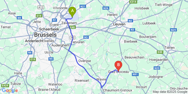 Map: Brussels Zaventem Airport (BRU) to Grez-Doiceau