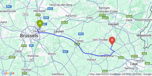 Map: Brussels Zaventem Airport (BRU) to Gutschoven