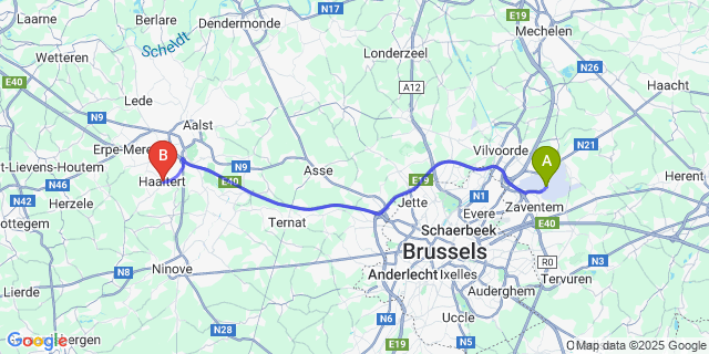 Map: Brussels Zaventem Airport (BRU) to Haaltert