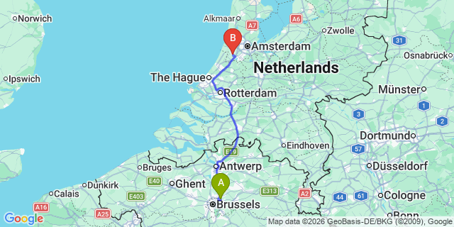 Map: Brussels Zaventem Airport (BRU) to Haarlemmermeer