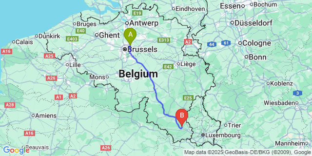 Map: Brussels Zaventem Airport (BRU) to Habay-la-neuve