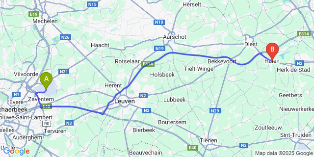 Map: Brussels Zaventem Airport (BRU) to Halen