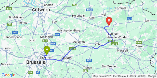 Map: Brussels Zaventem Airport (BRU) to Ham