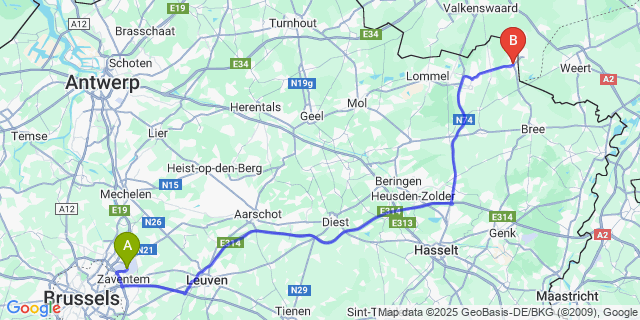 Map: Brussels Zaventem Airport (BRU) to Hamont-Achel