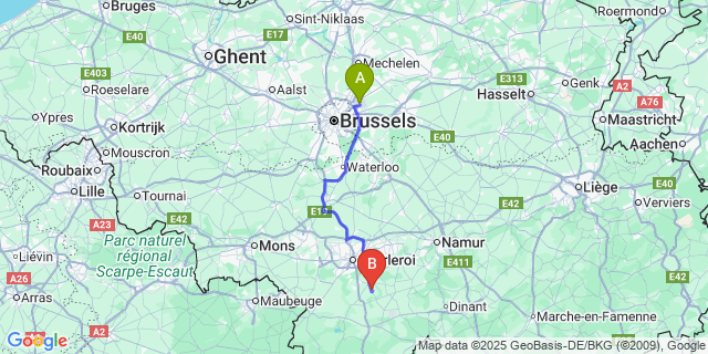 Map: Brussels Zaventem Airport (BRU) to Hanzinne