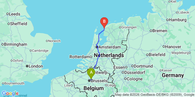 Map: Brussels Zaventem Airport (BRU) to Harlingen