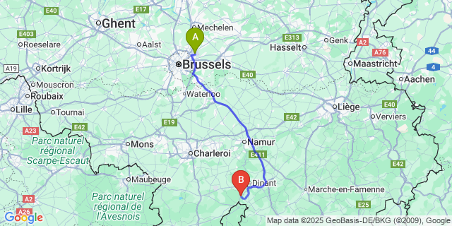 Map: Brussels Zaventem Airport (BRU) to Hastiere