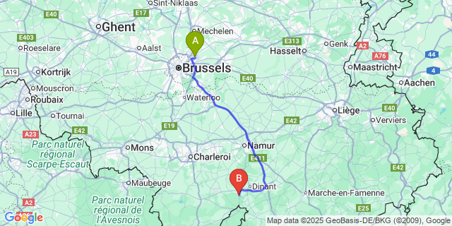 Map: Brussels Zaventem Airport (BRU) to Hastière-Lavaux