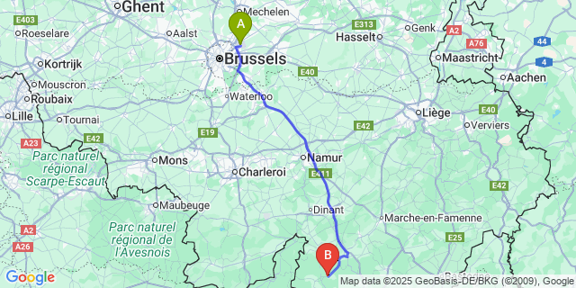 Map: Brussels Zaventem Airport (BRU) to Haut-Fays